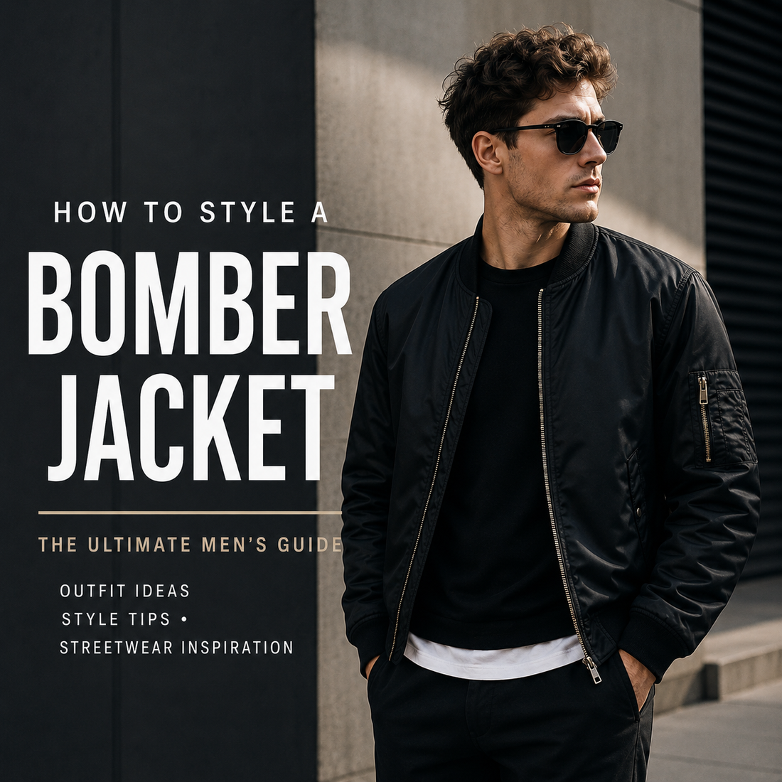 Modern men's black bomber jacket outfit with streetwear styling inspiration by Crownpiece.