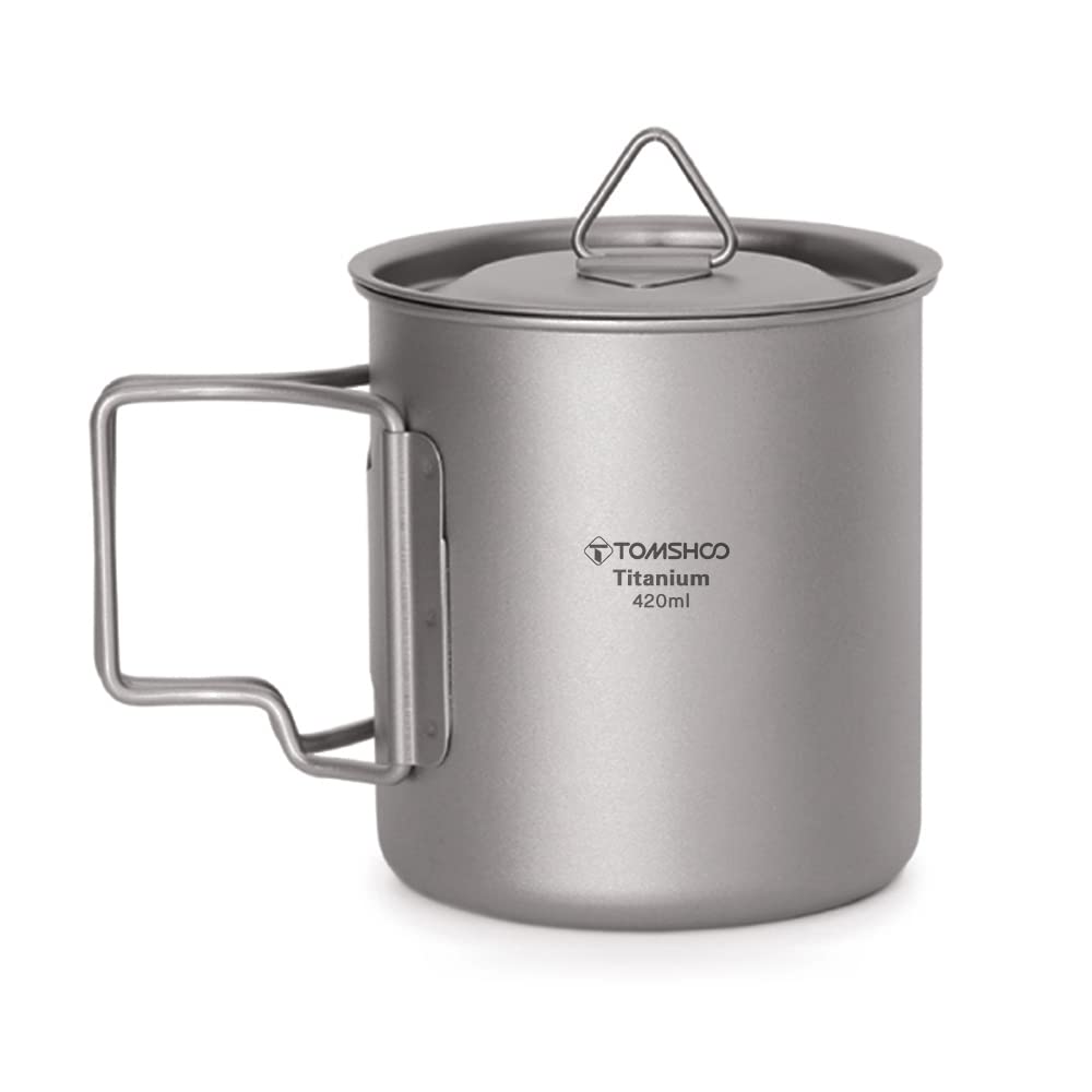 TOMSHOO Camping Titanium Pot Outdoor Titanium Mug with Lid Camping Coffee Cup with Foldable Handle for Camping Hiking Travelling Backpacking Camping Open Fire