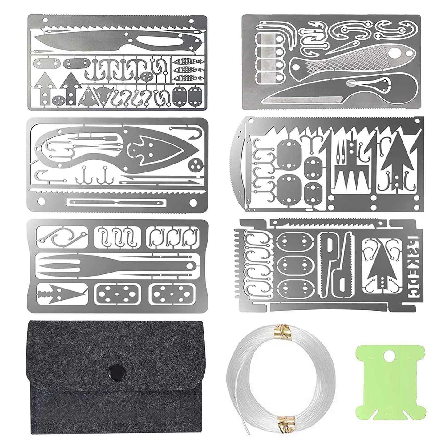 Hukado 9PCS Survival Card Multitool Camping Kit with Fishing Line Gear Multipurpose Credit Card Wallet Portable Survival Tool with Felt Bag for Outdoor Fishing Hiking Hunting
